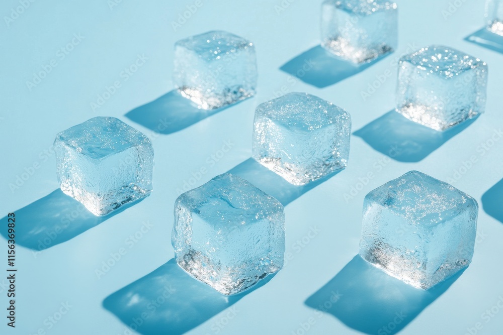 Poster a row of ice cubes on a blue background. the cubes are all the same size and are all facing the same