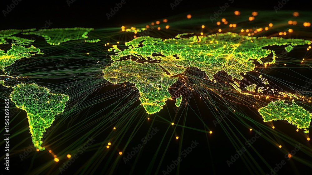 Poster Global network connections visualized on a glowing world map.