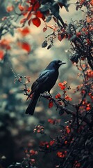 Blackbird on Branch with Red Flowers