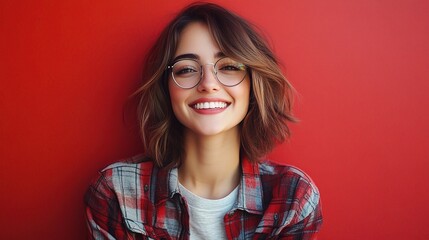 Fototapeta premium Young Beautiful Brunette Woman in Casual Shirt Against Red Background