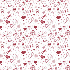 Valentine's Day Elements Seamless Pattern. Happy Valentines Day Print. Holiday Design Element. Doodle. Vector illustration in Dark Red on White Background