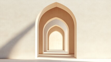 Fototapeta premium A long hallway with arched openings. The arches are white and the hallway is white. The arches are in a row