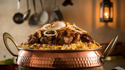 Rich Hyderabadi dum biryani with tender goat pieces, garnished with fried onions and boiled egg, served in traditional copper handi