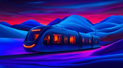 Futuristic Train in Vibrant Landscape at Dusk