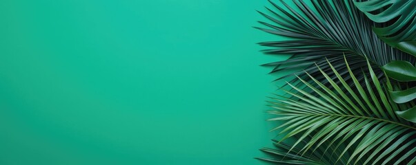 Greenery palms idea. Vibrant green palm leaves against a rich green background, perfect for nature themes.