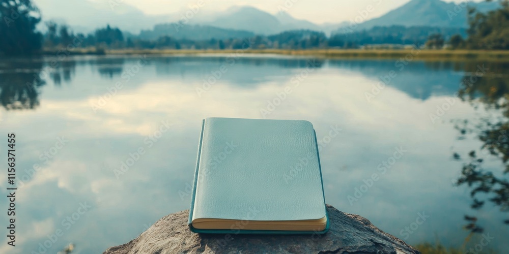 Poster a book is sitting on a rock by a lake. the book is open to a page with a reflection of the mountains