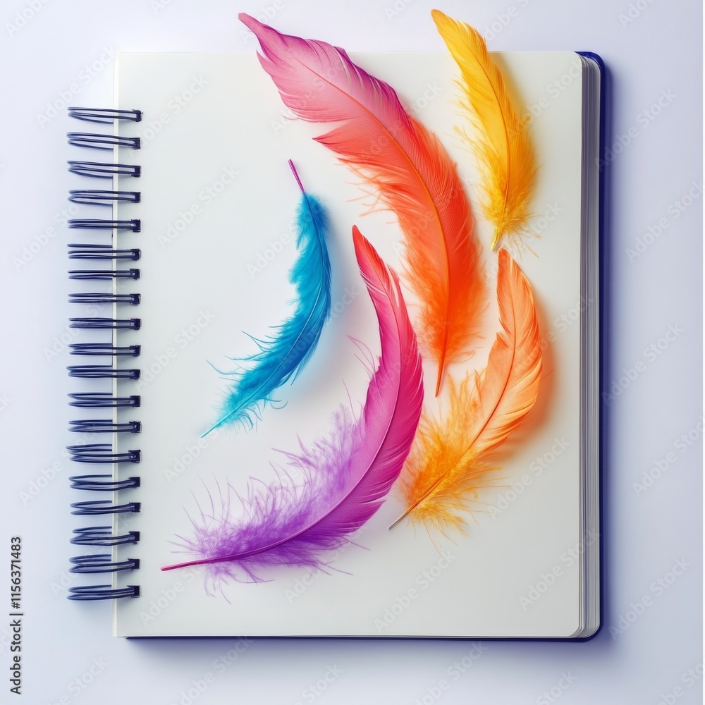 Poster a colorful book with a spiral binding and a page with a variety of colorful feathers