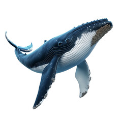A whale, whale swimming down, full body, underwater world, white background