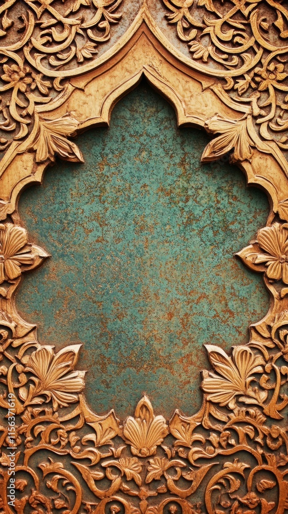 Aufkleber a gold and green frame with a flower design. the frame is open and has a green background