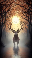 Majestic Deer in Autumn Forest Reflection