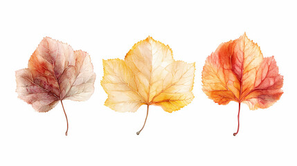 Autumnal trio a closeup perspective of three maple leaves in hues of orange yellow and red isolated on a white background. Frostveil. Illustration