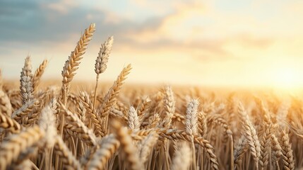 Fototapeta premium Golden wheat concept. Golden wheat field glowing under a beautiful sunset sky, symbolizing nature's bounty.