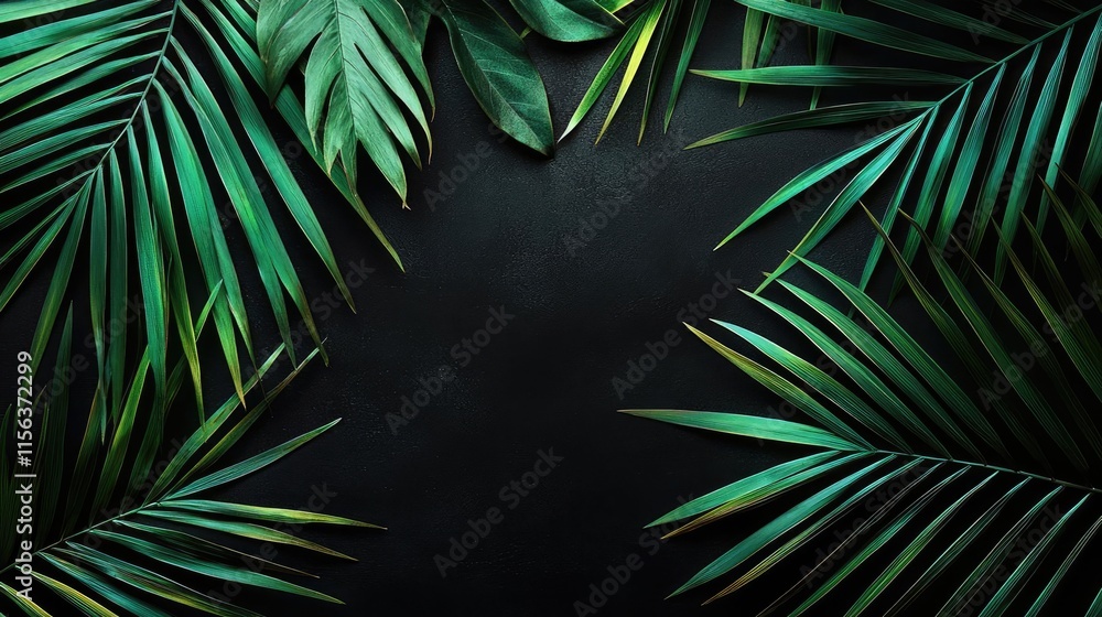 Aufkleber greenery palms idea. lush green palm leaves frame a dark background, creating a tropical vibe.