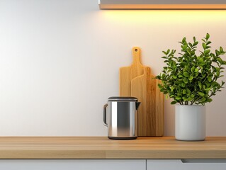 Modern Kitchen Countertop Still Life Kettle Plant Cutting Boards
