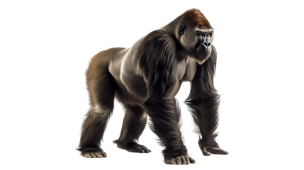 Gorilla full-length standing sideways, white background