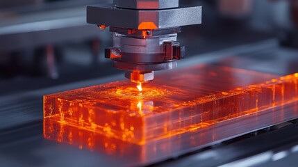 Close-up of laser cutting a glowing orange acrylic block. Illustrates precision cutting and modern manufacturing processes.