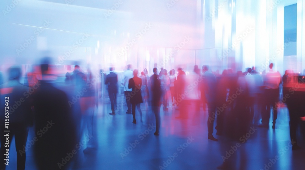 Poster blurred corporate event reception with attendees in soft lighting