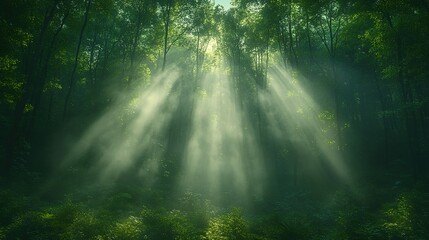 Fototapeta premium Sunlight filters through a dense forest, creating a serene and mystical atmosphere.