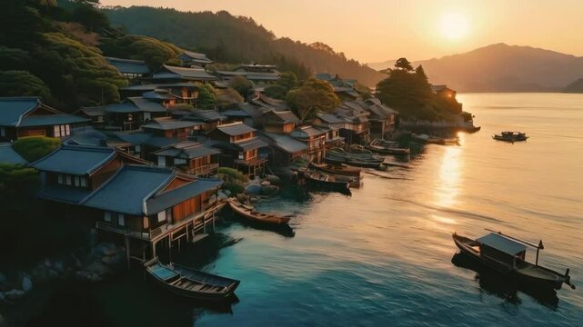 ancient Japanese fishing village at dawn, with wooden boats gently swaying in the ha