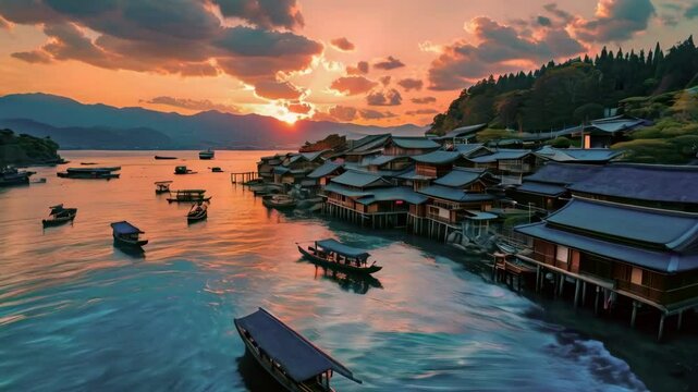 an ancient Japanese village by the sea, with wooden boats floating in the harbor