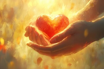 Glowing heart gently cradled in hands, bathed in warm light. Perfect for themes of love, hope, charity, and spiritual well-being.