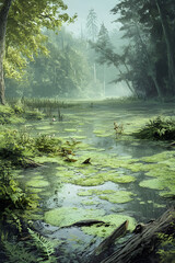 Obraz premium Lush green forest with a serene swamp covered in floating vegetation, surrounded by tall trees and mist, symbolizing untouched natural beauty and tranquility