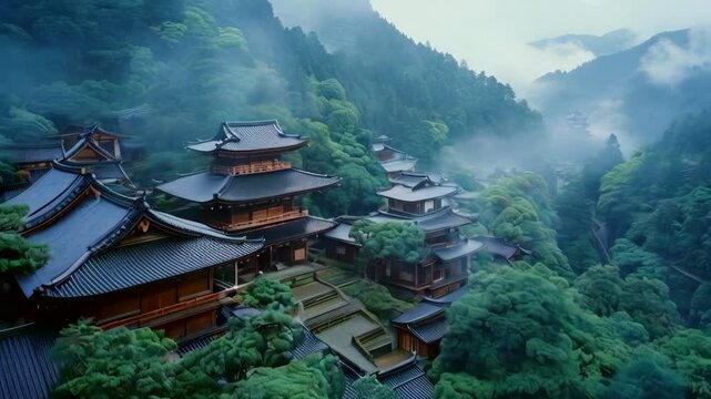 apanese temple complex nestled in a misty mountain valley, surrounded by dense forests and winding rivers.