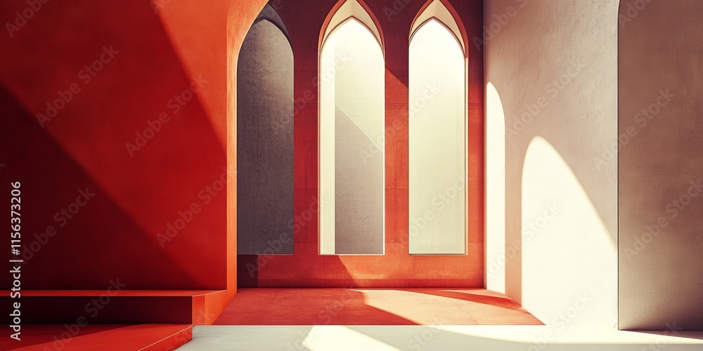 Poster a room with a red wall and a white arch in the middle. the arch is positioned above a white wall, cr