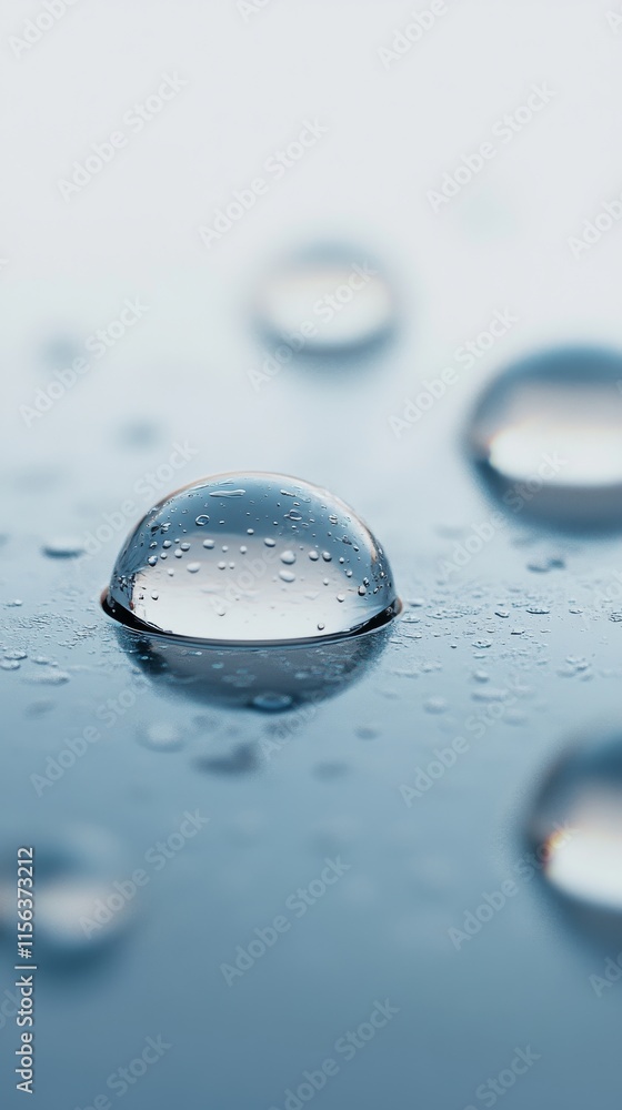 Poster a close up of a drop of water on a surface. the water droplet is surrounded by other droplets, creat