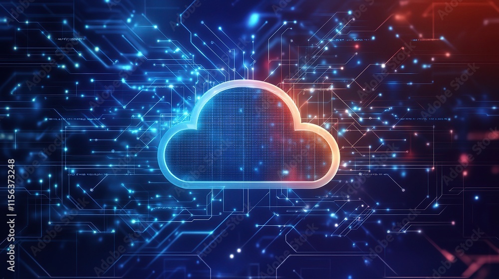 Poster cloud computing power: a futuristic and dynamic abstract depiction of the cloud, symbolizing the vas