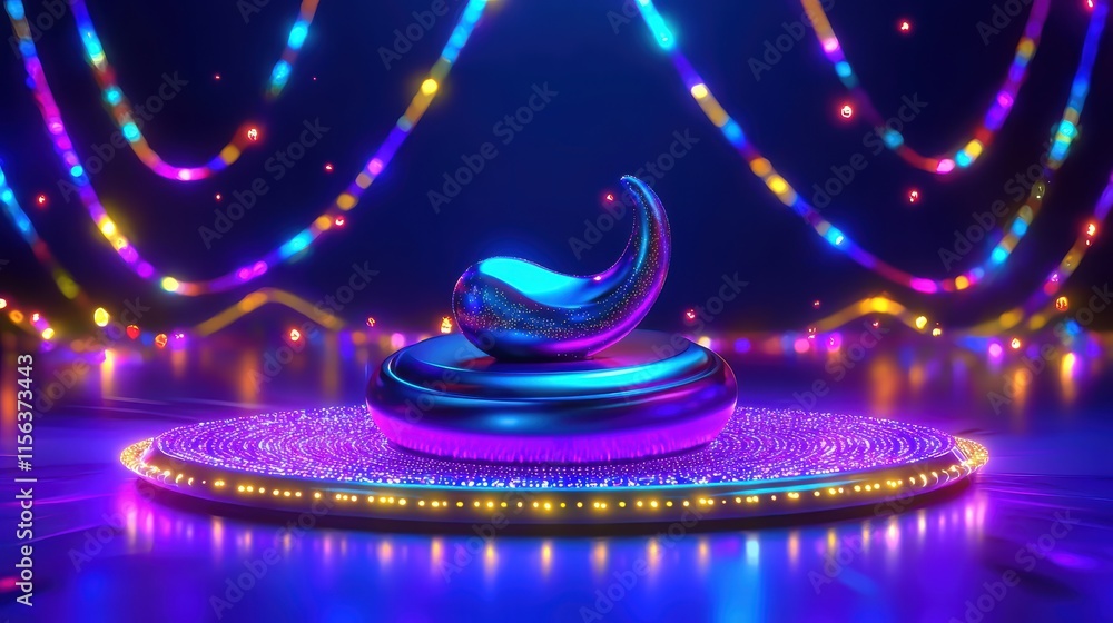 Poster glowing abstract shape on illuminated stage with colorful lights
