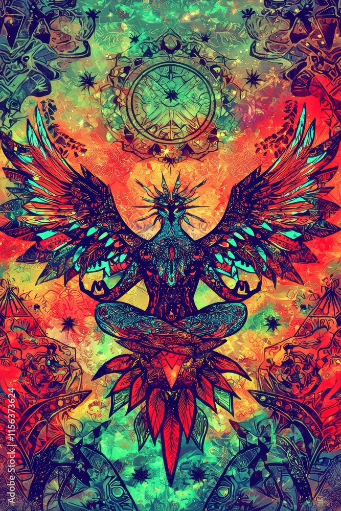 Poster colorful abstract phoenix artwork with intricate patterns and symbols