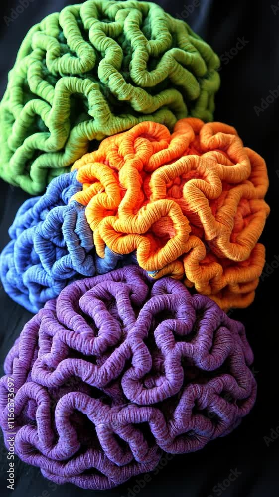 Poster colorful textile representations of brains arranged in a vibrant display on a dark background