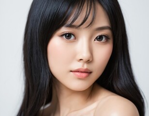 Fototapeta premium Portrait of a beautiful young Asian woman with fresh clean skin and long thick black hair