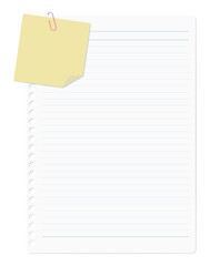 クリップで留められたメモ用紙とルーズリーフ、罫線入り