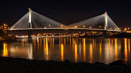 Fototapeta premium A large city bridge features a sleek, modern design illuminated by glowing lights at night. The bridge spans across a river, with traffic flowing smoothly, creating a vibrant urban scene.