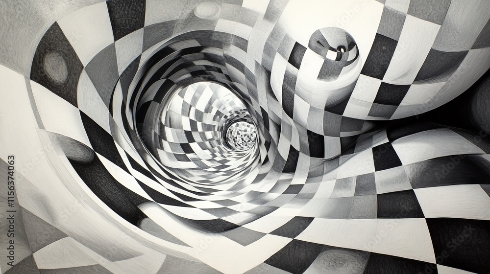 Poster surreal black and white checkered tunnel creating an optical illusion with a dynamic, swirling patte