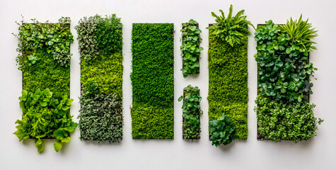 Moss and plant growth on a white background, a set of four differently sized rectangular elements