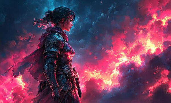 Fiery Knight: A Digital Painting of a Female Warrior Amidst a Blazing Inferno
