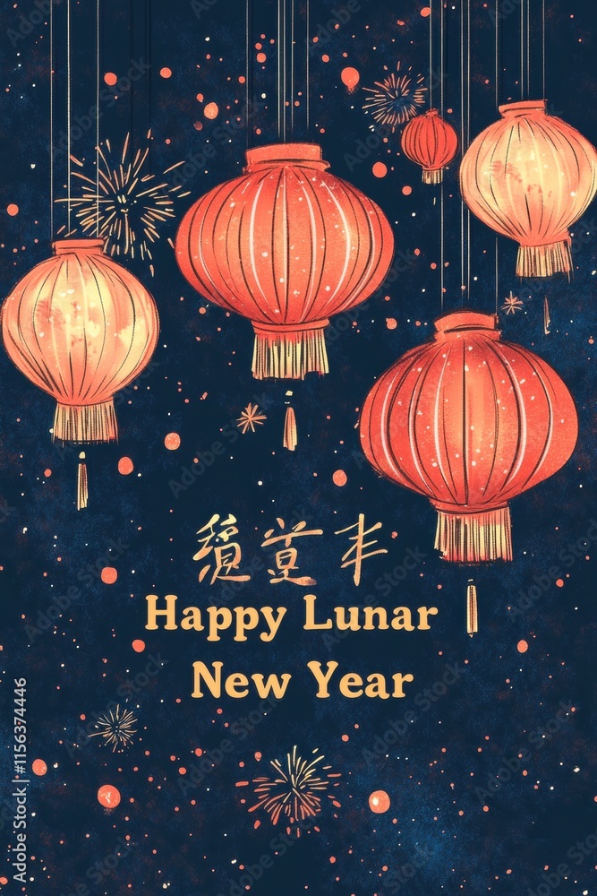 Poster a digital-style greeting card with animated fireworks and 