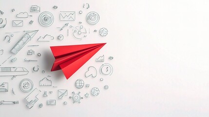 Red Paper Plane Soaring Over Clean White Background with Icons