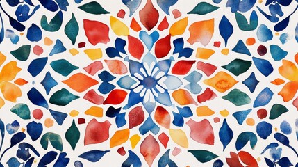 Fototapeta premium A colorful flower pattern is painted on a white background. The colors are red, blue, and yellow