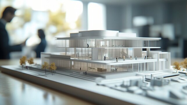 Modern Architecture Vision: A stunningly detailed architectural model of a sleek, contemporary building takes center stage,  foreshadowing a future of innovative design and urban sophistication.