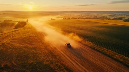 Sunrise, car driving on dusty road through fields.