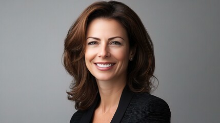 Fototapeta premium Confident and Radiant: A sophisticated businesswoman exudes confidence and professionalism with her warm smile and bright eyes, creating a timeless portrait of female leadership.