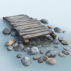 Rustic wooden walkway over shallow water with rocks.