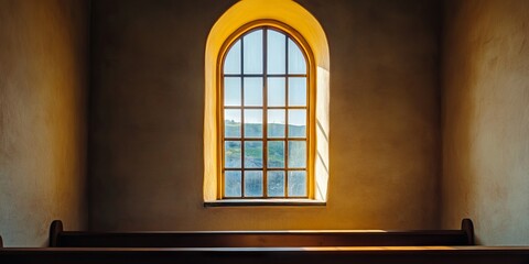 Obraz premium A serene church interior featuring an arched window casting warm sunlight onto a wooden pew, creating a peaceful ambiance.
