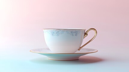 Fototapeta premium Elegant Teacup and Saucer Pastel Background Gold Trim Floral Design Porcelain Teaware