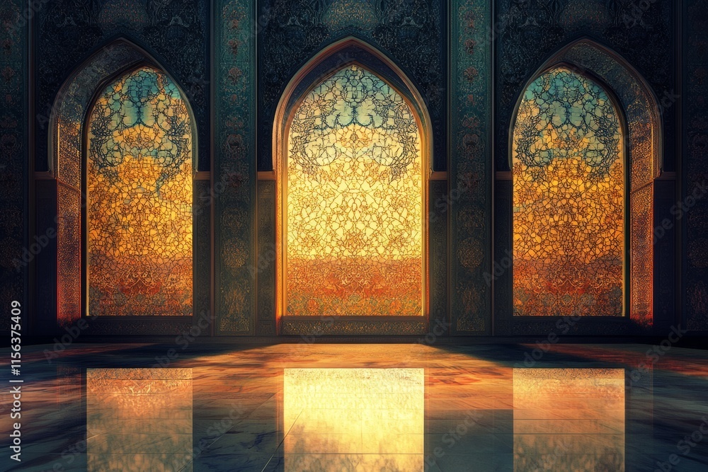 Poster a room with three arched windows and a floor. the windows are open and the room is empty