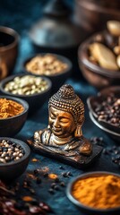 Fototapeta premium Buddha Statue with Spices. Asian Culture and Religion Concept.